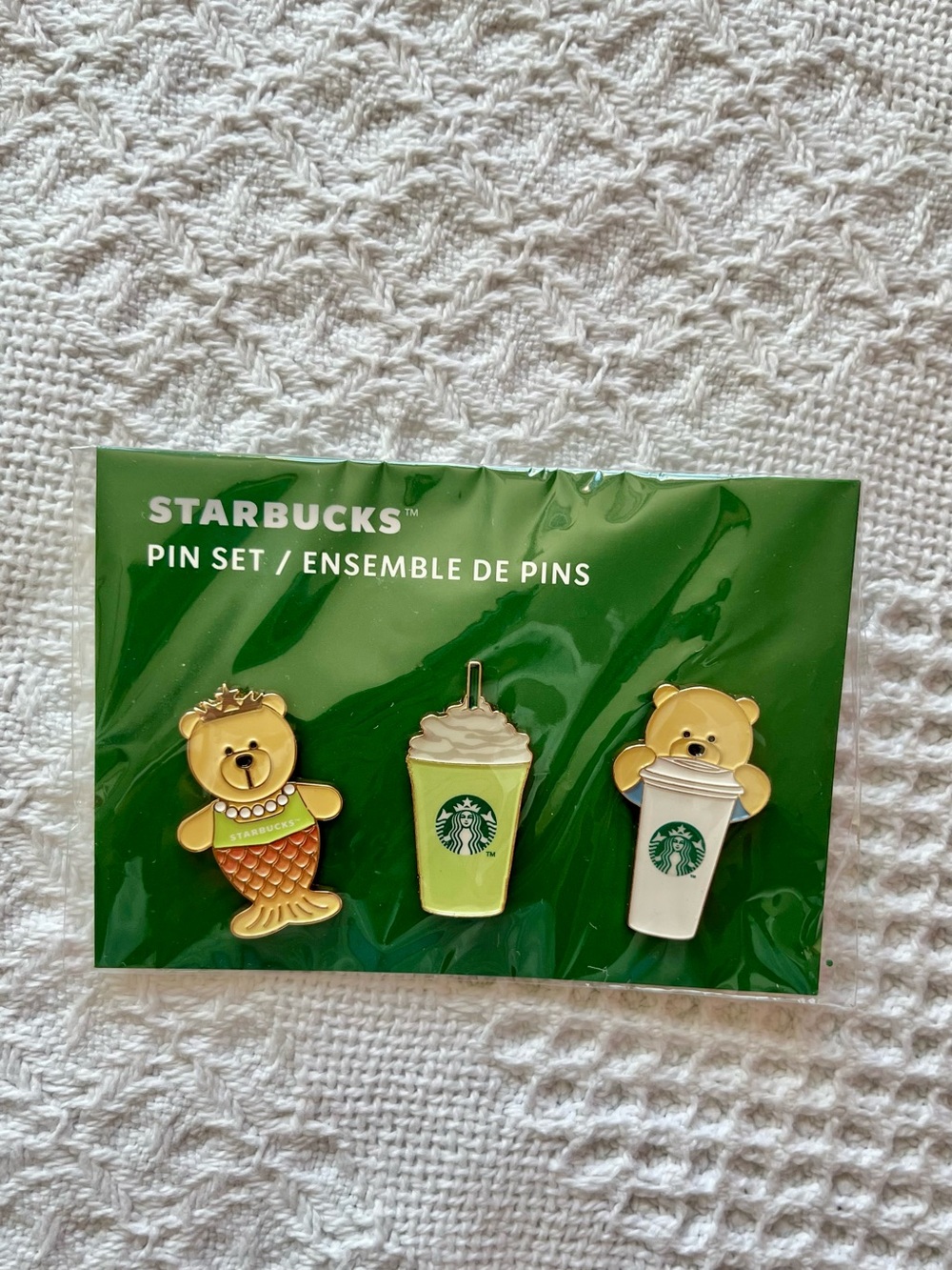 NWT Starbucks Enamel Pin Trio - Green, White & Gold Bear + Drink Designs